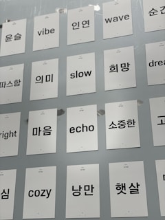 A collection of white cards attached to a light gray wall, each featuring a single word in either English or Korean. The words are printed in black, with some examples including 'vibe', 'slow', 'wave', and 'dream' in English and corresponding Korean words.
