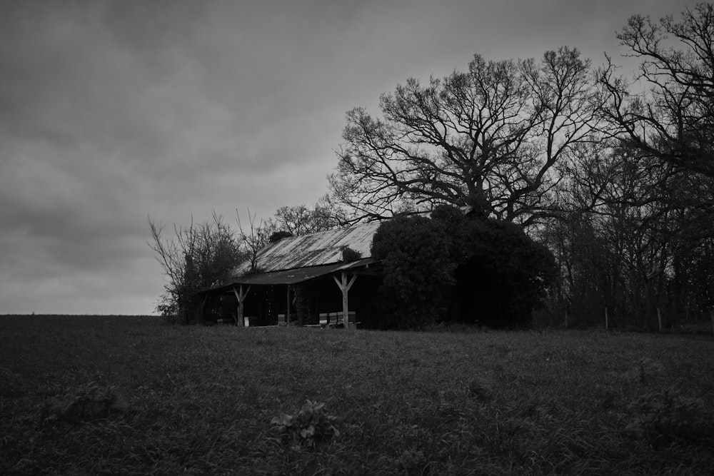 Una foto en blanco y negro de una casa en un campo