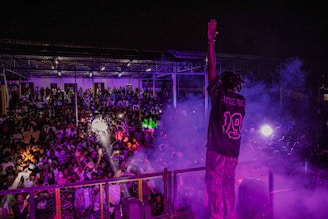A performer stands on stage facing a large, energetic crowd at a nighttime event. The atmosphere is lively, with many people raising their hands and using their phones to capture the moment. Colored stage lights, predominantly purple, illuminate the scene, and smoke adds to the dynamic ambiance.