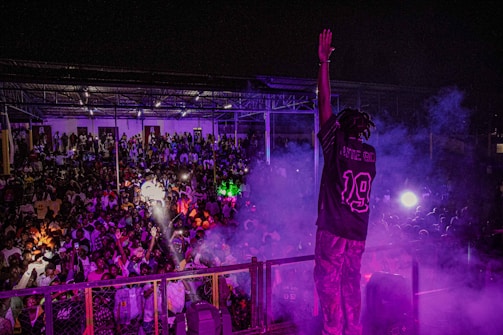 A performer stands on stage facing a large, energetic crowd at a nighttime event. The atmosphere is lively, with many people raising their hands and using their phones to capture the moment. Colored stage lights, predominantly purple, illuminate the scene, and smoke adds to the dynamic ambiance.