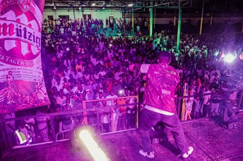 A performer on stage faces a large, enthusiastic crowd. Bright lighting and vibrant colors create a lively atmosphere. A prominent advertisement for a brand of beer is visible on the side.