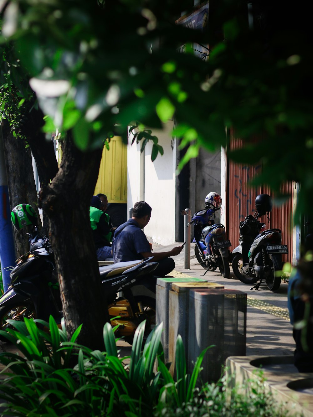 a group of people sitting on a bench next to a tree