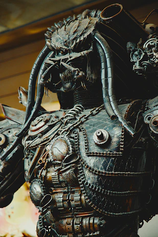 A detailed sculpture made from recycled metal parts.