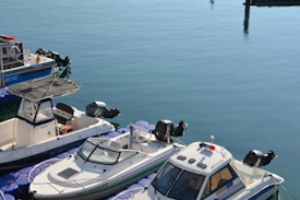 Several small boats are docked at a calm marina, tied to floating blue platforms with visible outboard motors.