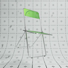 A folding chair with a sleek metal frame and translucent green seat and backrest is positioned in the center. The background features a grid-like pattern with small square motifs on a light surface.