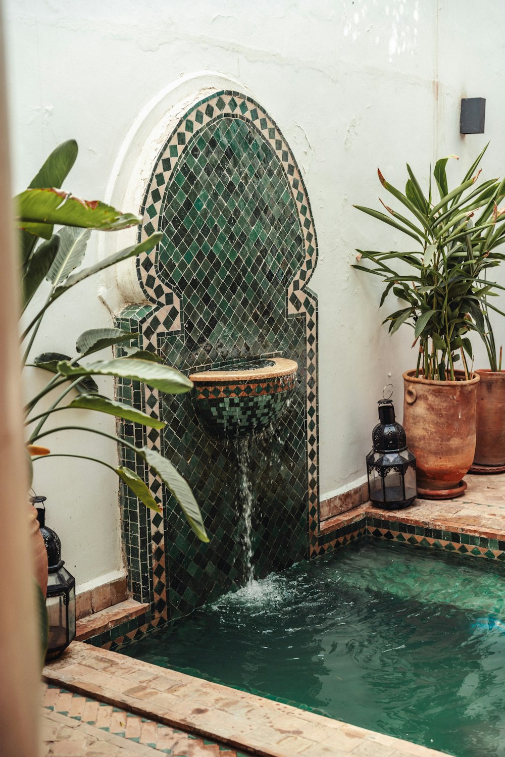 a pool with a fountain surrounded by potted plants