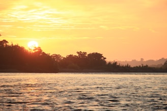 A serene landscape with a golden sunset reflecting on water.