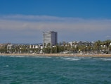 A seaside view features a beach with people enjoying the sunny weather. Palm trees line the shore, providing a tropical atmosphere. In the background, several modern buildings and a tall apartment complex rise against a clear blue sky.
