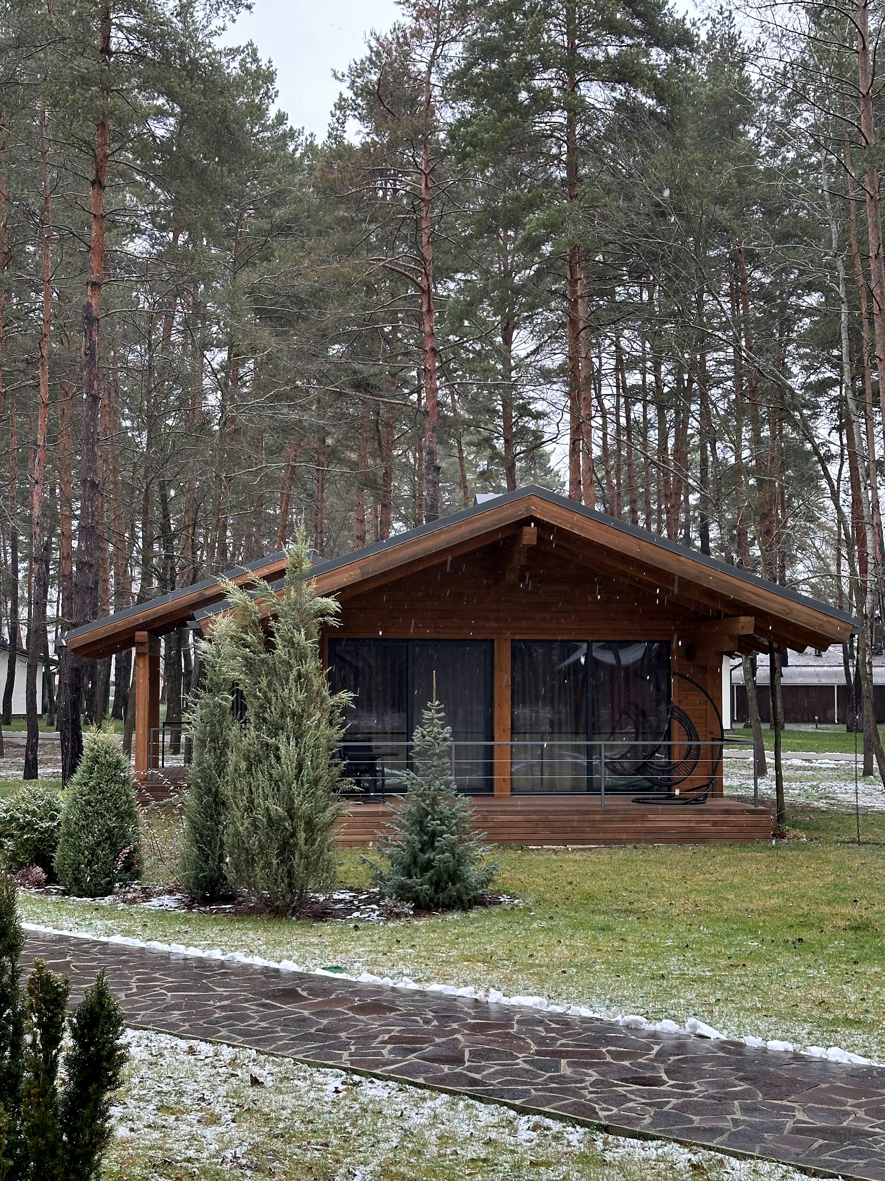 Modern wooden cabin with glass windows nestled in snowy pine forest.