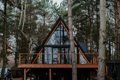 A-frame cabin set in a dense forest surrounded by tall pine trees. The structure features a large glass facade with wooden frames and a spacious wooden deck. Sparse furnishings are visible through the windows, and a parked vehicle is partially hidden behind the trees.