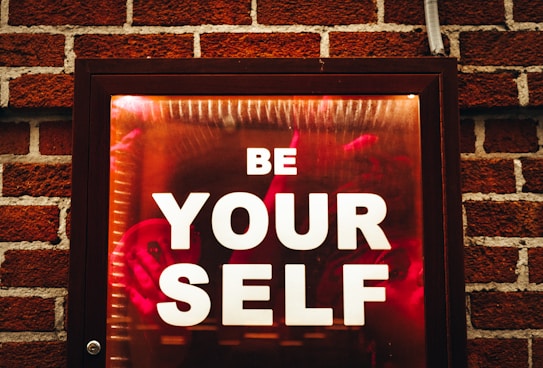 A framed sign with the words 'BE YOUR SELF' in bold white letters is set against a dark red and orange background. The sign is mounted on a brick wall which is visible around the edges.