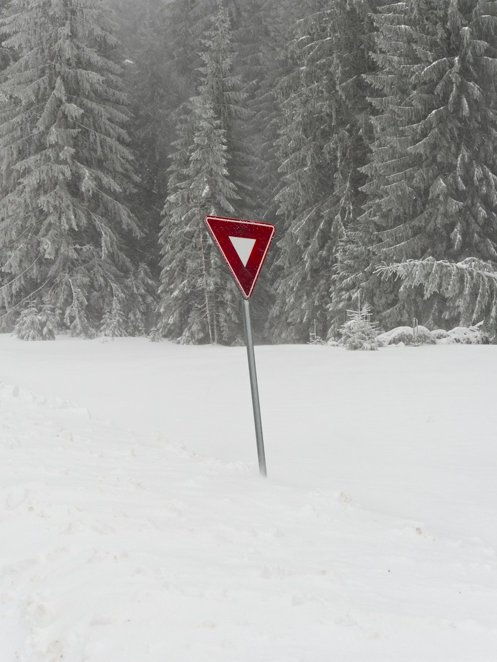 a red triangle sign sitting on top of a snow covered slope