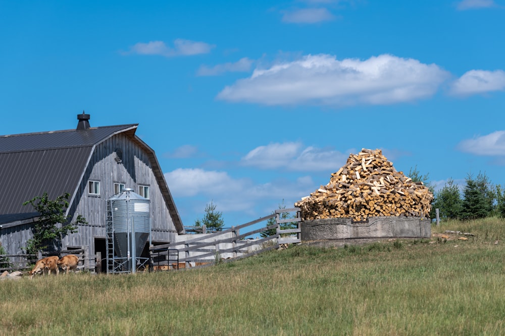 a barn with a pile of wood in front of it