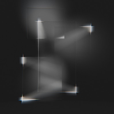 Geometric light patterns softly illuminating a workspace, creating a calm, focused cyber-minimal atmosphere.