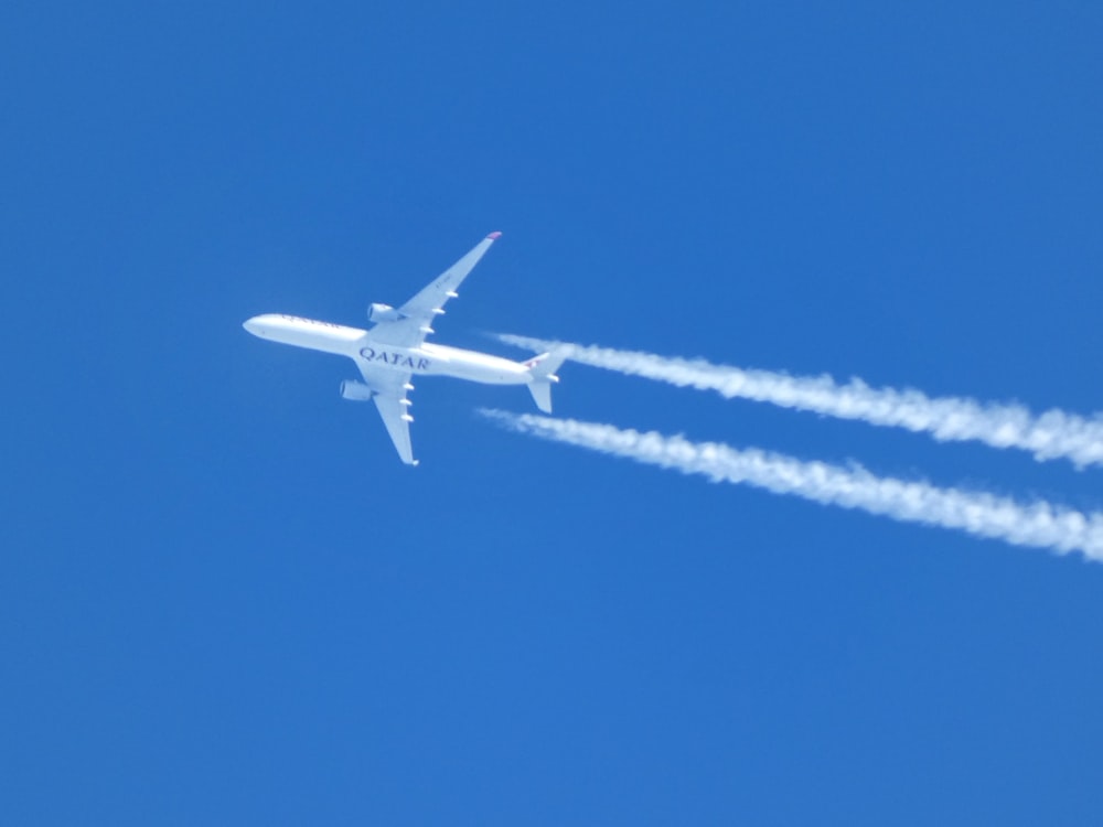 an airplane is flying in the blue sky