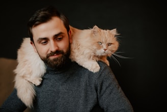 a man holding a cat on his shoulders