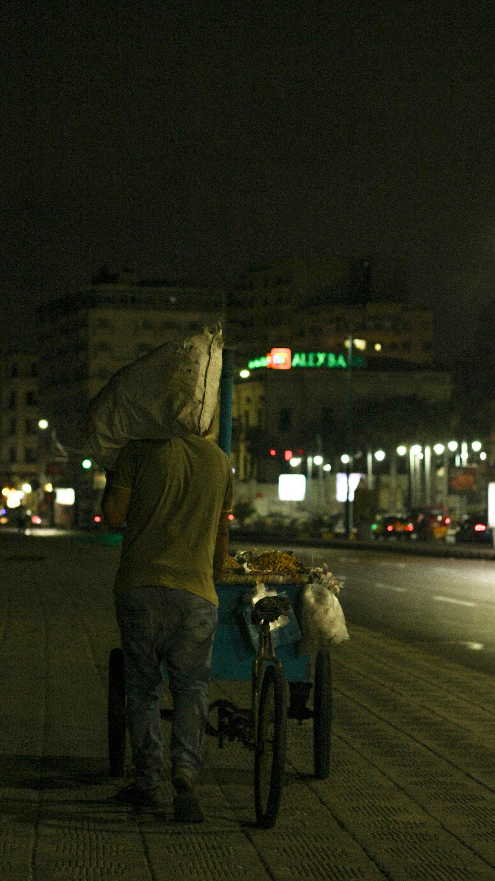 a man pushing a bike with a bag on the back of it