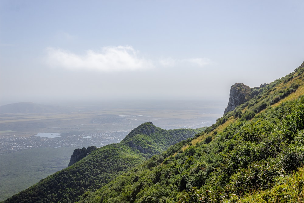 a view of a valley with a mountain in the background