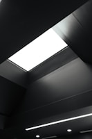 A modern and minimalistic ceiling design features a large rectangular light fixture, emitting a stark white glow. The ceiling is predominantly dark, with clean lines and subtle geometric shapes adding depth and dimension.