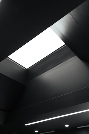 A modern and minimalistic ceiling design features a large rectangular light fixture, emitting a stark white glow. The ceiling is predominantly dark, with clean lines and subtle geometric shapes adding depth and dimension.