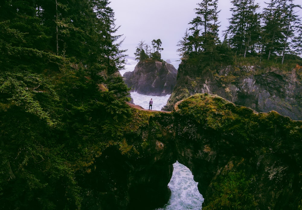 a person standing on a bridge over a river