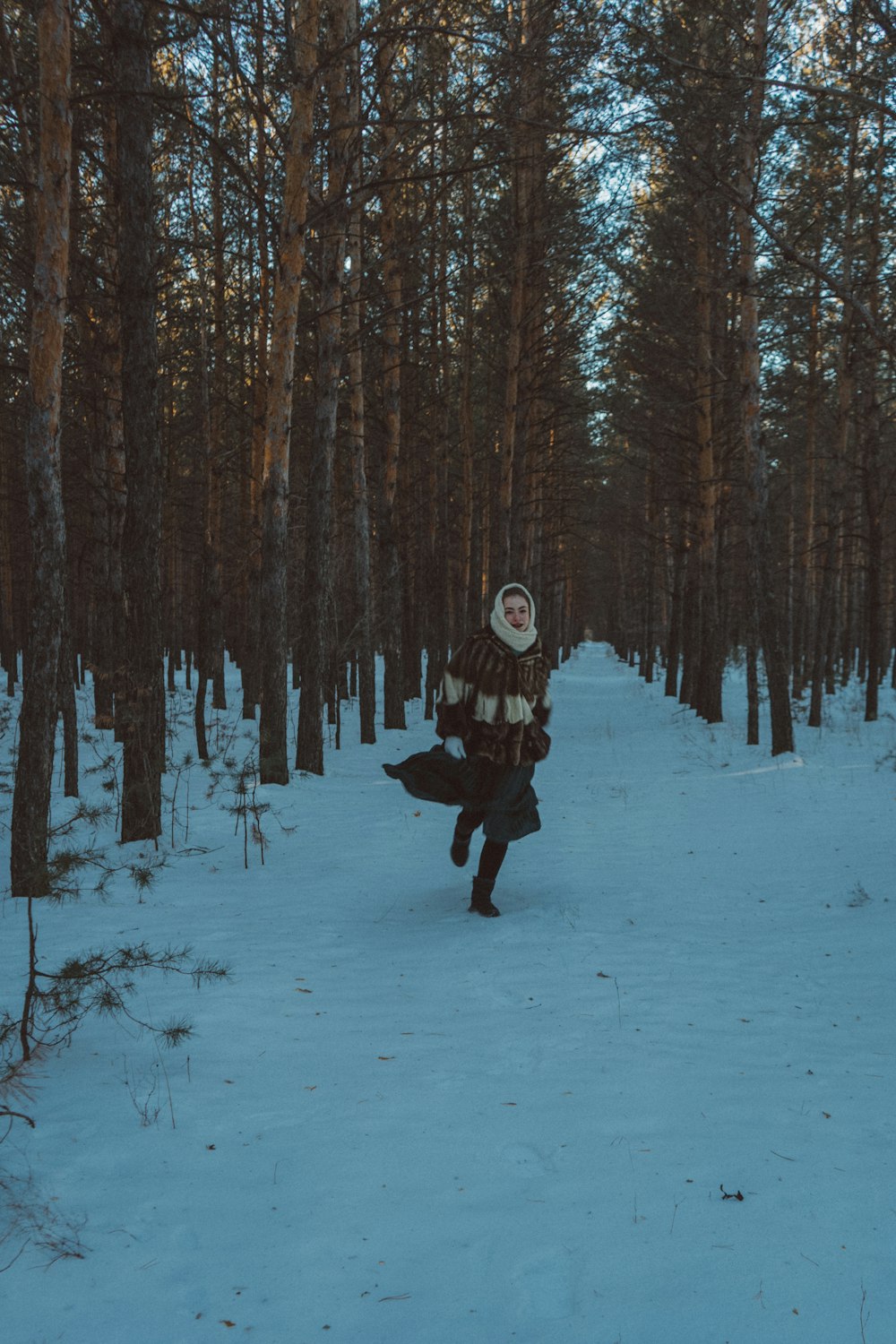 a person walking through a snow covered forest