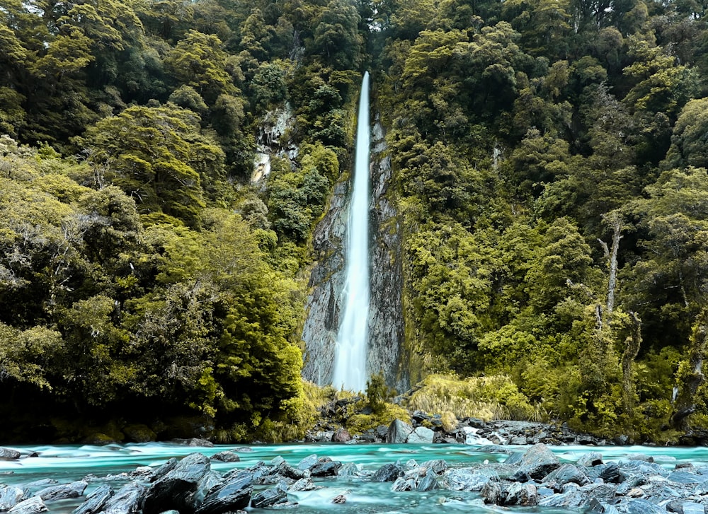 a waterfall in the middle of a forest