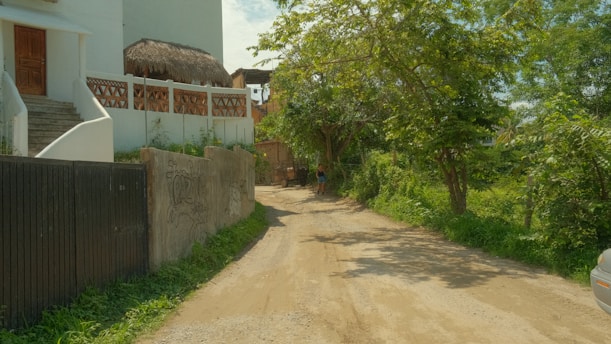 A rural dirt road leads through a lush, green area with a mixture of natural and rural elements. On the left, a white building features a thatched roof section and decorative brickwork. The road is surrounded by tall trees and dense vegetation. A person is walking along the road, adding a sense of life to the scene.
