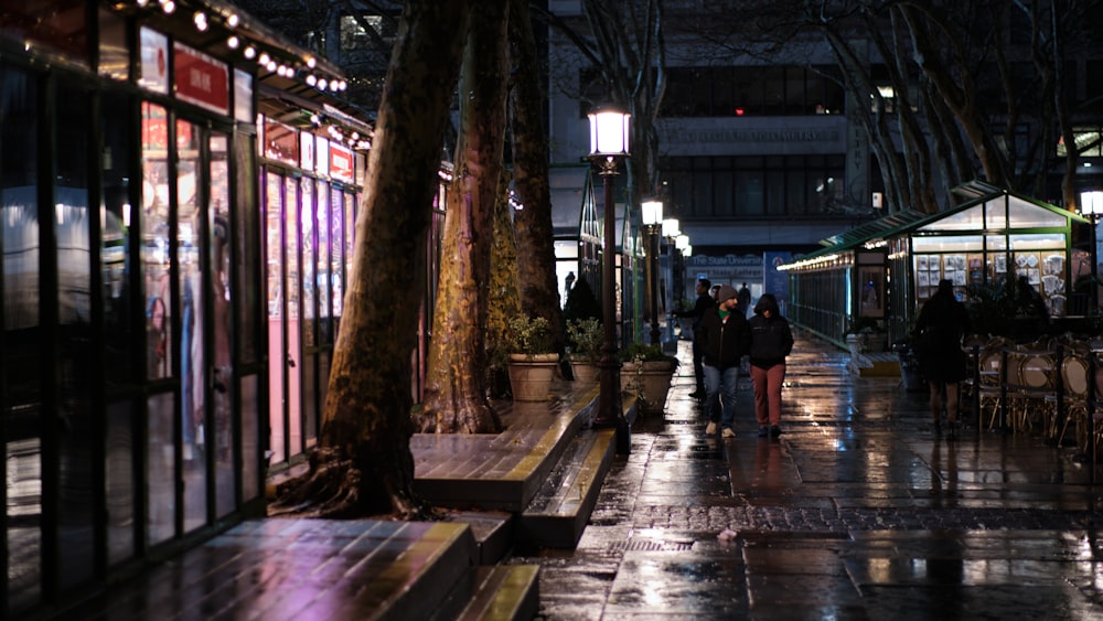 a group of people walking down a street at night