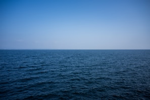 Wide view of the peaceful ocean meeting the horizon under a soft blue sky