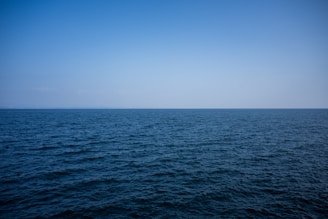 Wide view of the peaceful ocean meeting the horizon under a soft blue sky