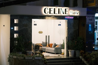 A modern hotel entrance with a well-lit sign reading 'CELINE Hotel'. The exterior features sleek, dark marble walls and glass doors, leading to a cozy lobby area with a gray sofa adorned with orange and gray cushions. Potted plants flank the entrance, adding a touch of greenery.