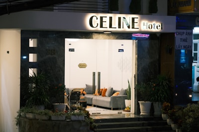 A modern hotel entrance with a well-lit sign reading 'CELINE Hotel'. The exterior features sleek, dark marble walls and glass doors, leading to a cozy lobby area with a gray sofa adorned with orange and gray cushions. Potted plants flank the entrance, adding a touch of greenery.