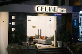 A modern hotel entrance with a well-lit sign reading 'CELINE Hotel'. The exterior features sleek, dark marble walls and glass doors, leading to a cozy lobby area with a gray sofa adorned with orange and gray cushions. Potted plants flank the entrance, adding a touch of greenery.