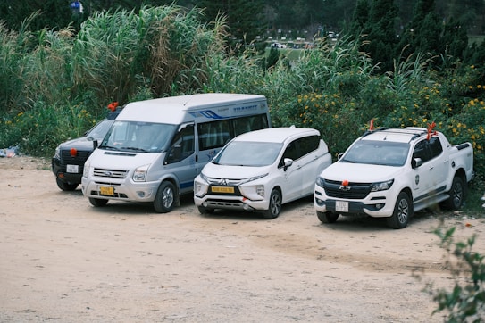 Four vehicles are parked on a dirt patch surrounded by lush greenery. The vehicles include a black SUV, a white transit van, a white SUV, and a white pickup truck. Each vehicle has decorative red bows on the front, and the setting appears to be in a remote or rural area.