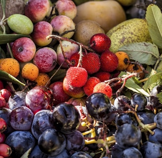 a close up of a bunch of fruit on a table
