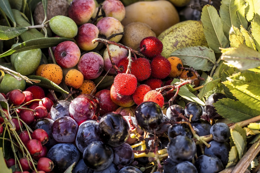 a close up of a bunch of fruit on a table