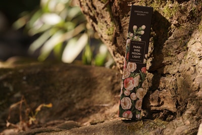 A slender rectangular perfume box nestled against a textured tree trunk. The box features floral artwork with pink and white roses and contains text indicating it's a fragrance named 'Paradise Moonlight' from 'Dreamland Secret'. The scene is dappled with sunlight filtering through surrounding greenery.