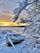 A snow-covered boat is moored near a frosty shoreline surrounded by branches laden with snow. The background displays a serene lake reflecting the golden hues of a vibrant sunset, creating a peaceful winter scene.