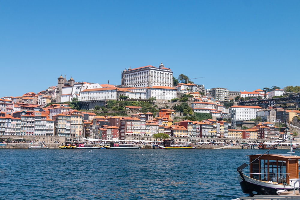 a boat on the water in front of a city