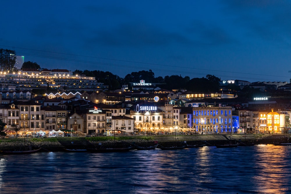 a night view of a city by the water