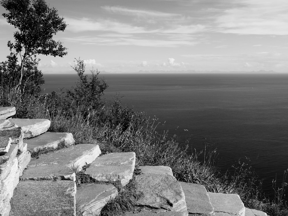 Una foto in bianco e nero dei gradini che portano all'oceano