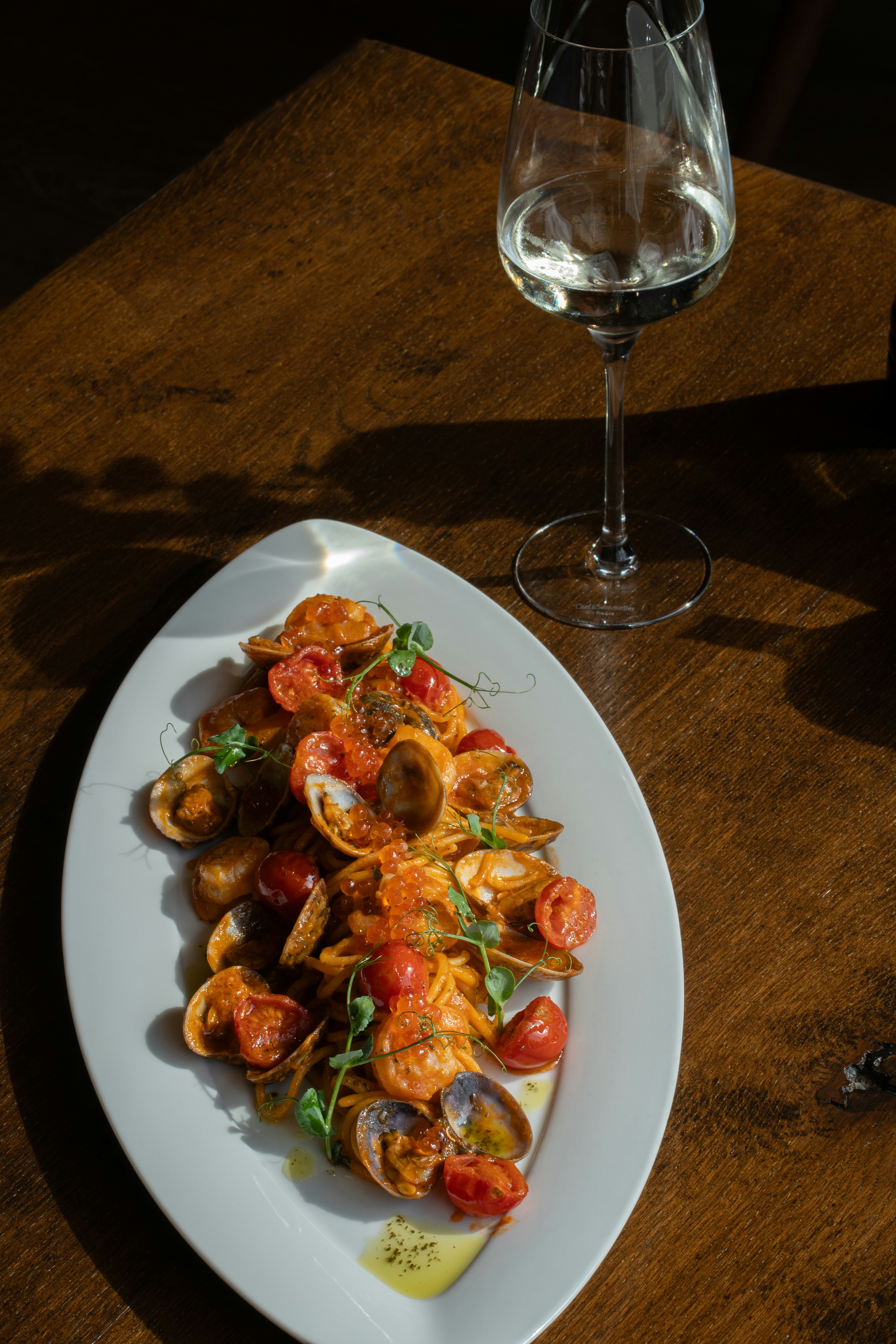 a plate of food and a glass of wine on a table