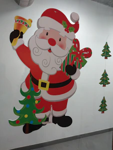 Illustration of Pickle Claus, the quirky trademarked character, happily holding a pickle while wearing a festive hat.