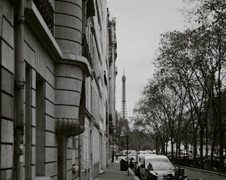 A clear, minimalist photo of a Paris street with modern typography overlay.