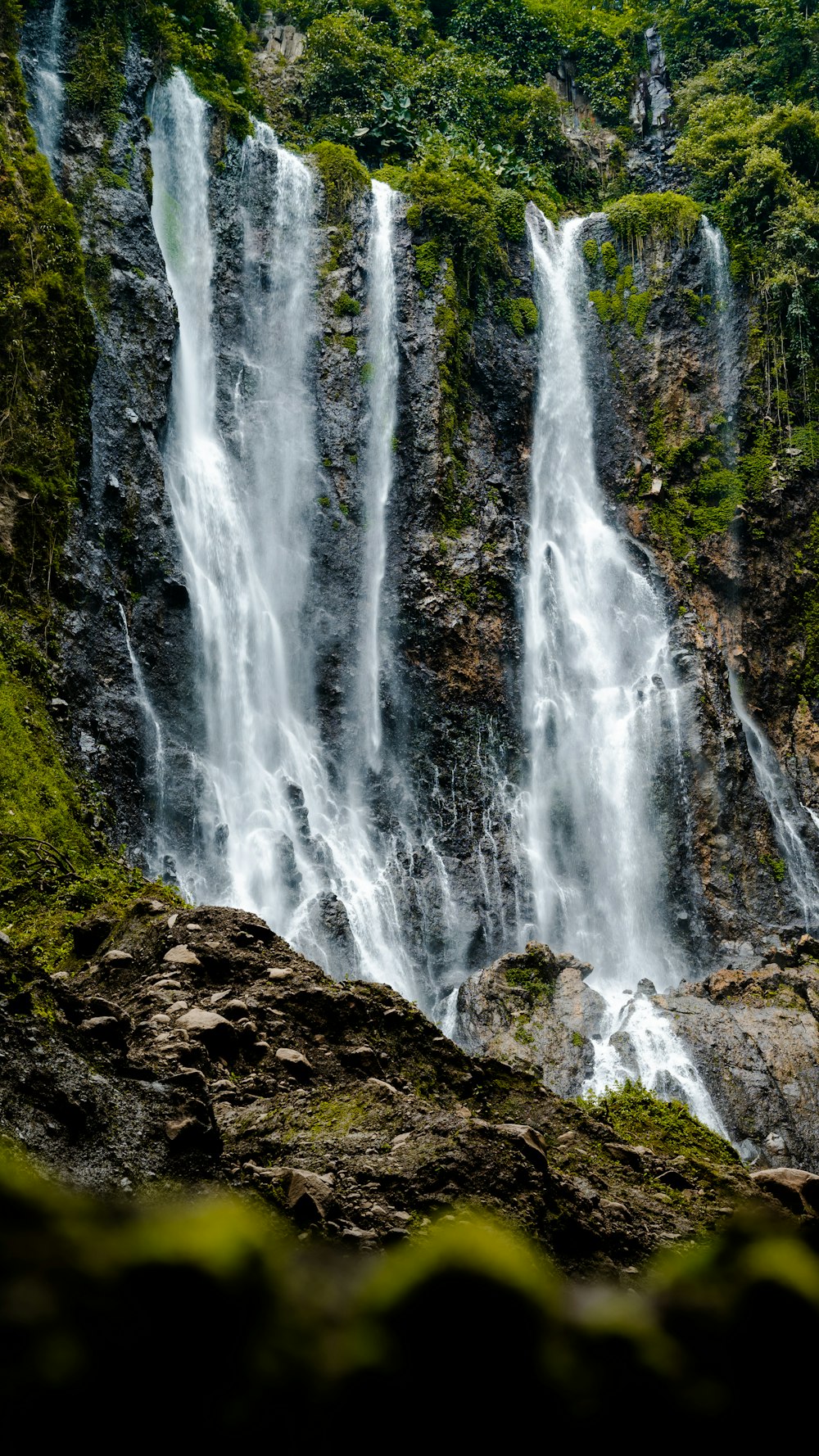 a large waterfall in the middle of a forest