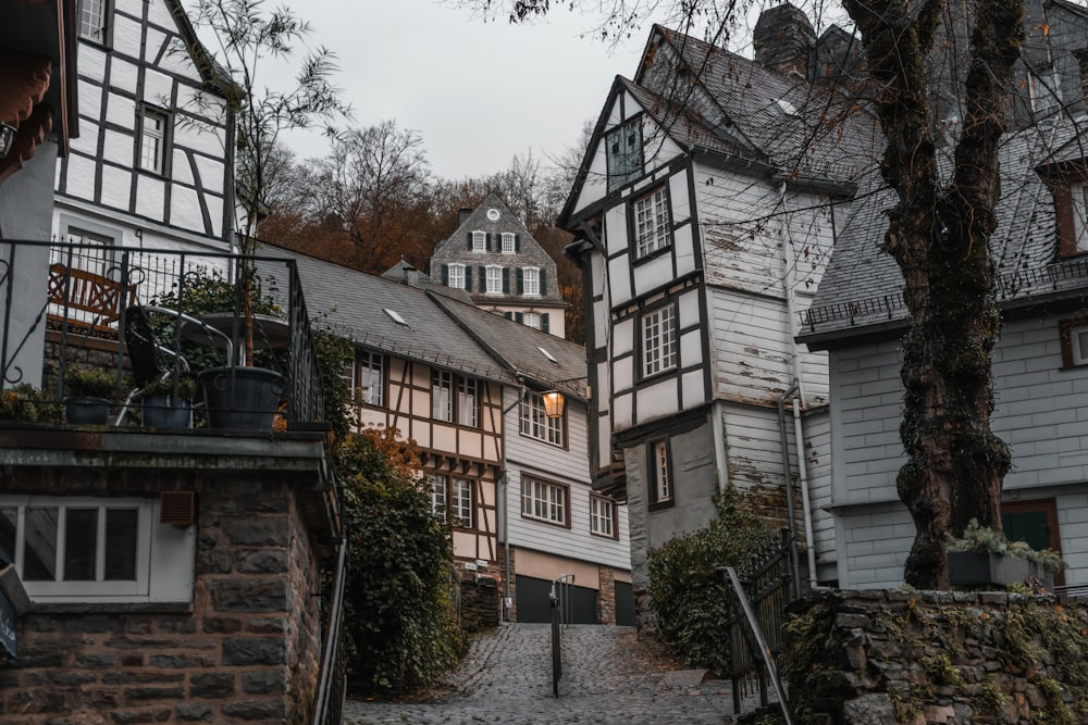 a cobblestone street in a european village