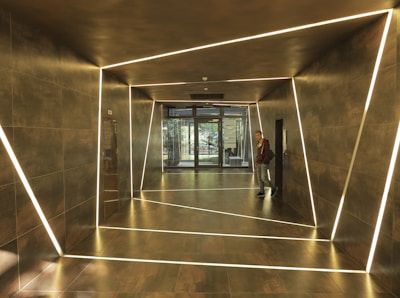 Entrance hallway with modern lighting and storage.