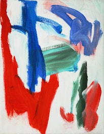 Bold and dynamic brushstrokes of red, blue, and green traverse across a white background, creating an abstract composition full of energy. The thick, expressive lines and rich hues suggest a sense of movement and spontaneity.
