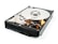 An open hard drive with visible platters, read/write arm, and actuator assembly. The metallic surface appears reflective and detailed, with mechanical components exposed.